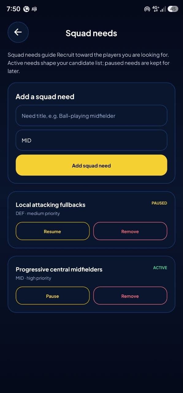 ProvPlay recruitment workspace showing paused and active squad needs